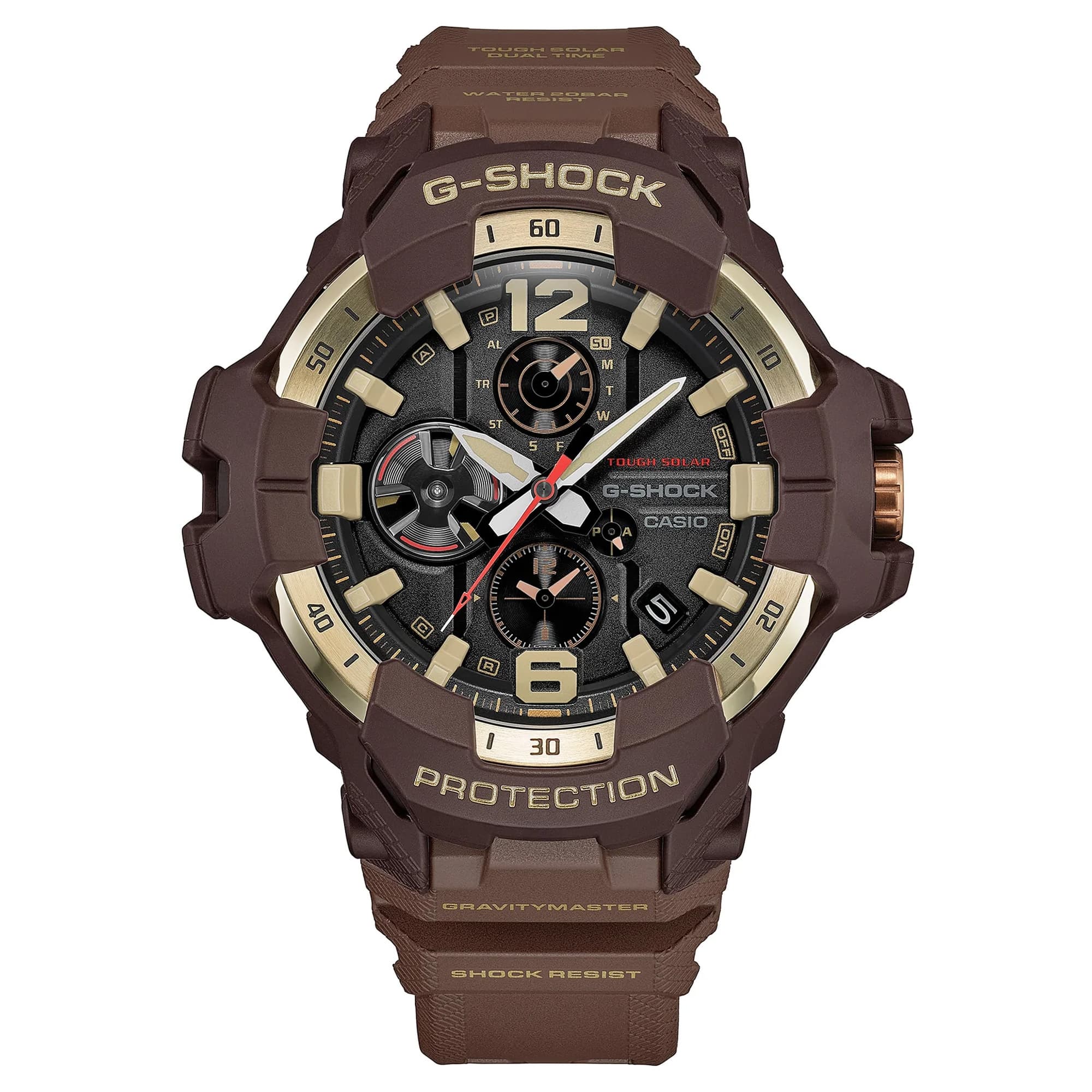 The Casio G-SHOCK Solar Men's Watch GR-B300H-5A, 55mm case, worn on the wrist to show scale and fit. The gold-tone bezel and brown resin band suit both rugged and everyday wear.