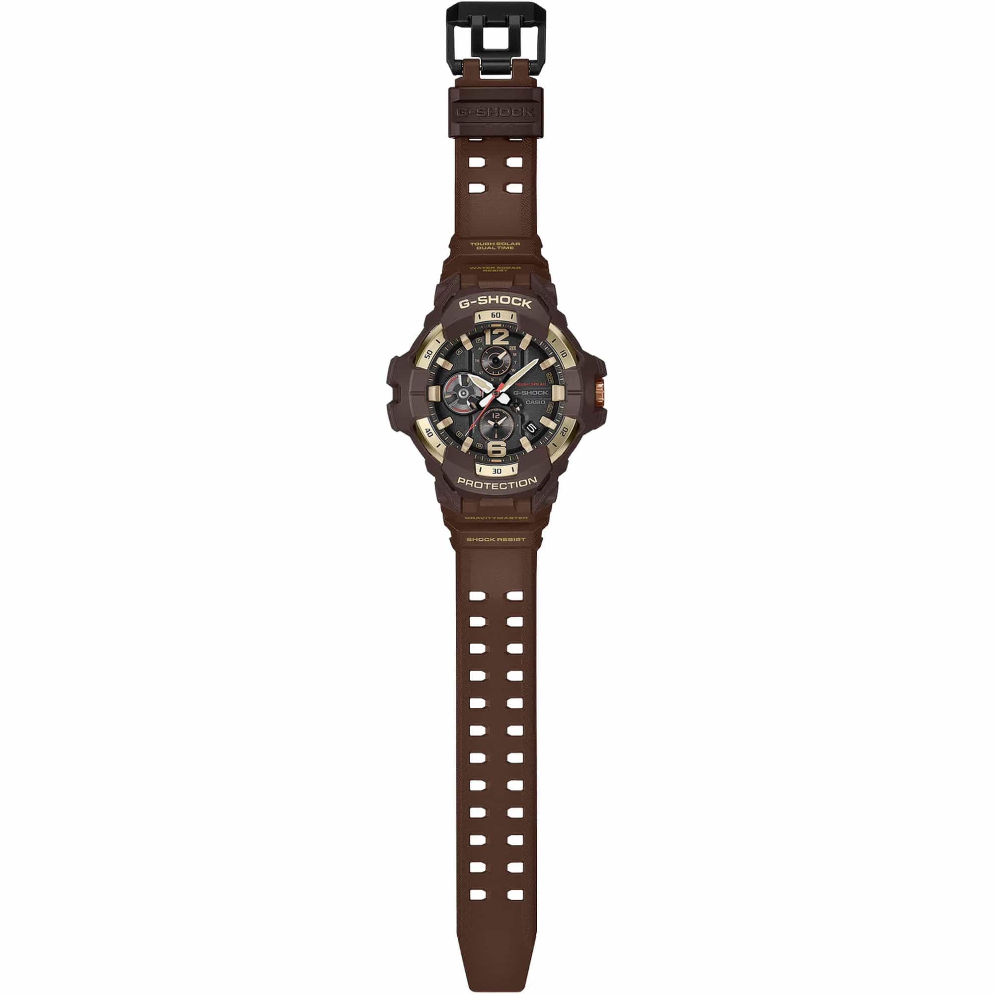 Full band view of the Casio G-SHOCK Solar Men's Watch GR-B300H-5A, 55mm case, showing the brown bio-based resin band in its entirety. The band's durable construction is designed for rugged, everyday use.