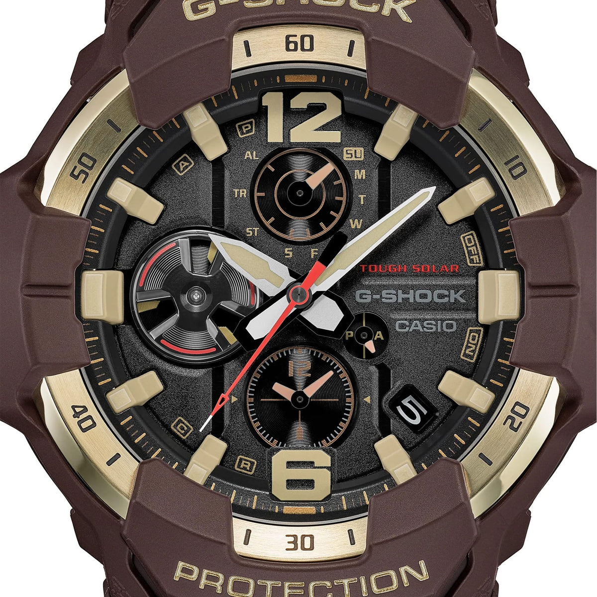 Close-up of the dial on the Casio G-SHOCK Solar Men's Watch GR-B300H-5A, 55mm case, showing the analogue hands, dual time subdial and gold-toned markers against the black dial. The gold ion-plated bezel detailing is also visible.