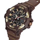 Three-quarter angle view of the Casio G-SHOCK Solar Men's Watch GR-B300H-5A, 55mm case, highlighting the seamless, jet-inspired bezel design and gold ion-plated finishing. The black analogue dial and gold-toned hands are visible from this angle.