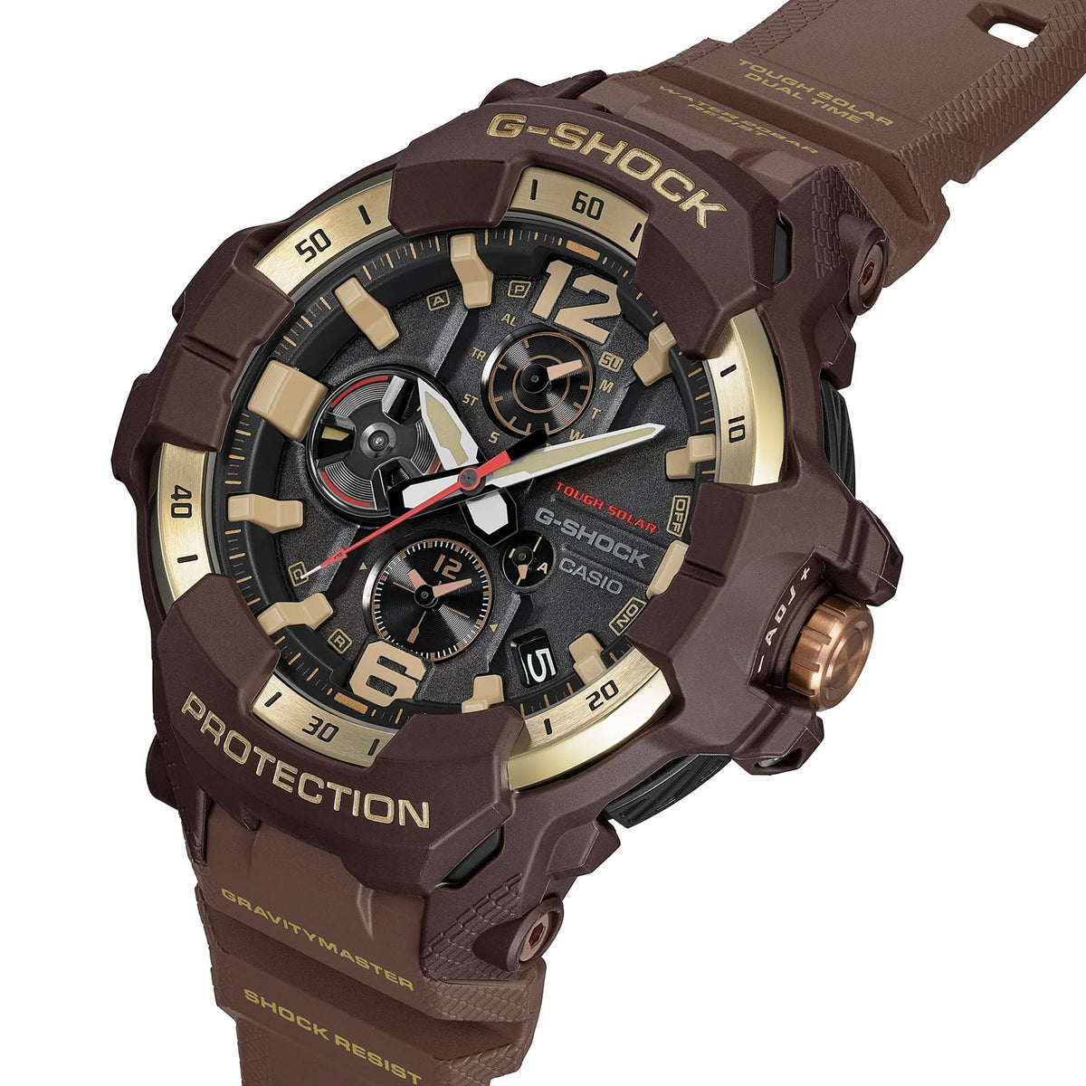 Three-quarter angle view of the Casio G-SHOCK Solar Men's Watch GR-B300H-5A, 55mm case, highlighting the seamless, jet-inspired bezel design and gold ion-plated finishing. The black analogue dial and gold-toned hands are visible from this angle.