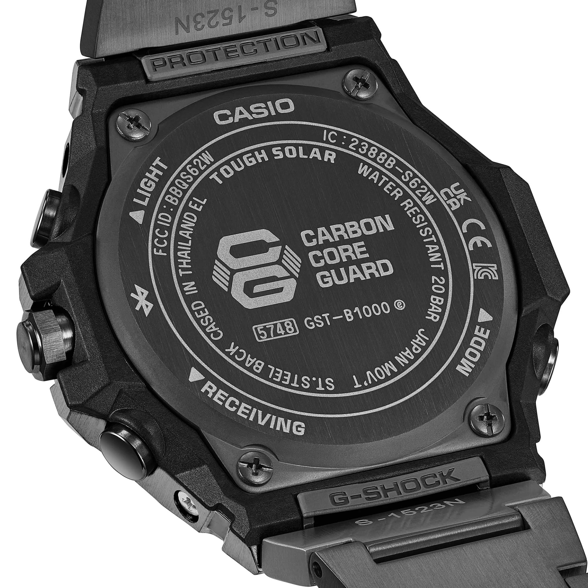 Casio G-Shock watch with detailed text on the back