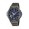 The Casio G-Shock G-Steel Solar Men's Watch GSTB1000BD-2A features a logo-less black ion-plated stainless steel bezel with brick pattern detail, vivid blue carbon fibre dial, and all-black solid stainless steel bracelet — 44.2mm, fully all-black from bezel to screws with a striking blue dial.