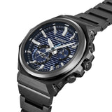 From this angle, the Casio G-Shock G-Steel Solar Men's Watch GSTB1000BD-2A reveals the depth of the black ion-plated logo-less bezel and the vivid shift of colour across the blue carbon fibre dial surface alongside the stainless steel bracelet.