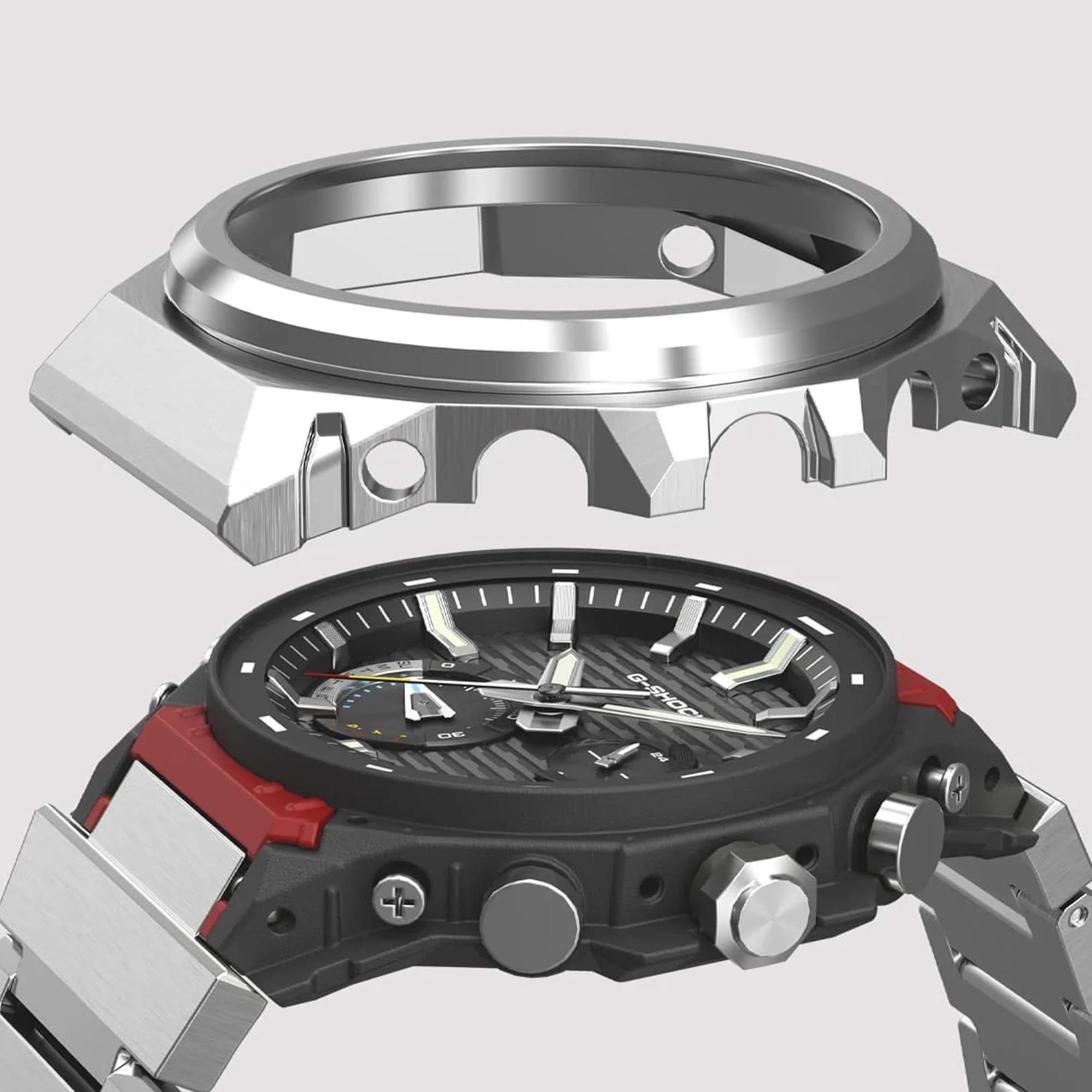 A close-up of a rugged smartwatch or sports watch case and band shown in an exploded view, with a silver metal case ring above a black and red watch face and silver metal bracelet on a light gray background.