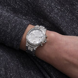 Worn on the wrist, the Guess Moonlight sits comfortably thanks to its chunky link bracelet. The crystal-set case and silver sunray dial add glamorous sparkle to any outfit.
