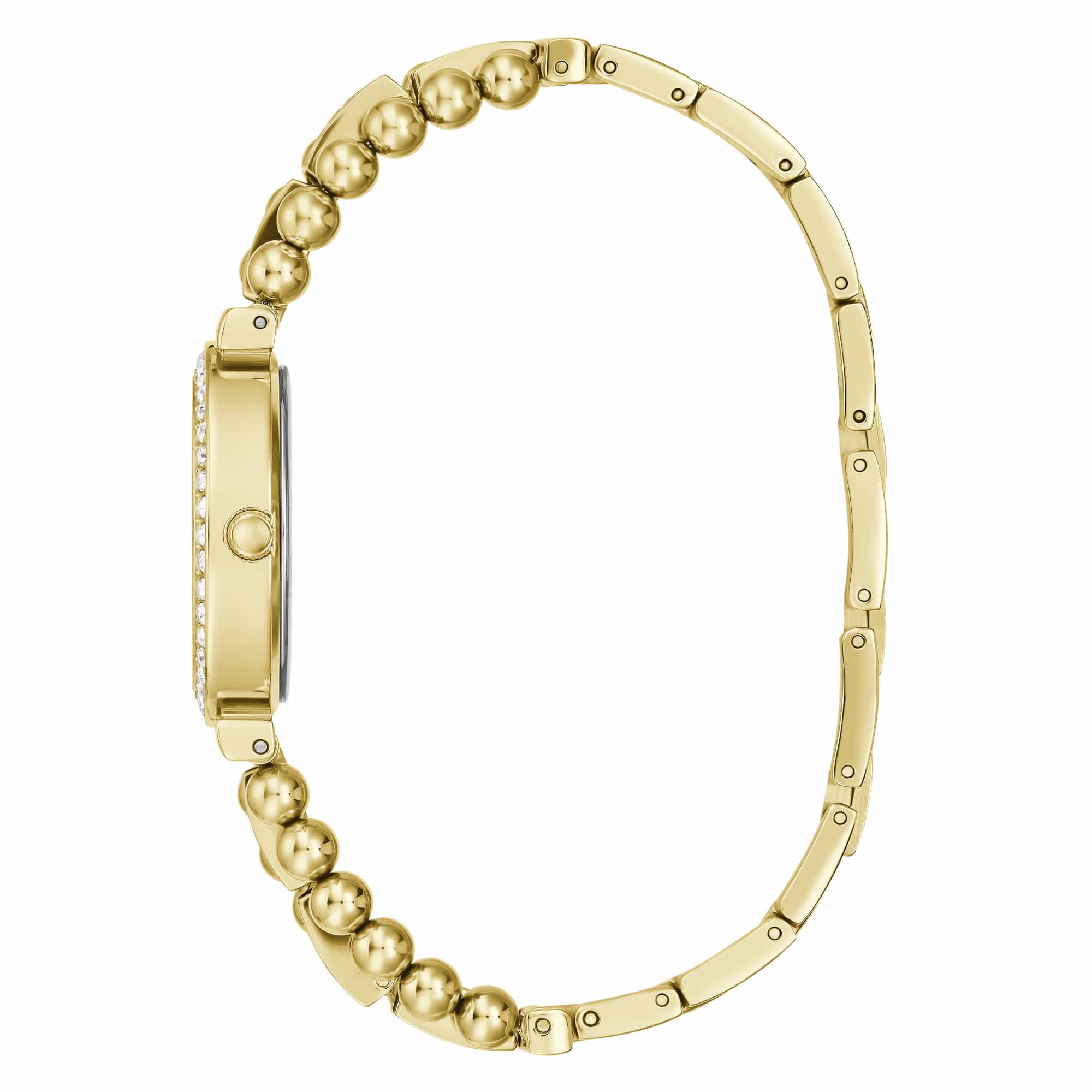 Viewed from the side, the watch reveals the depth of its gold-tone stainless steel case. The mineral crystal glass sits close to the dial for a polished, low-profile silhouette.