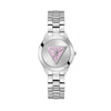 The Guess GW0675L1 is shown face-on, highlighting its 34mm silver-tone case and sunray dial. The signature Guess triangle logo stands out in pink for a playful contrast.