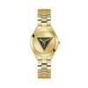 The Guess GW0675L2 is shown face-on, highlighting its 34mm gold-tone case and champagne sunray dial. The signature Guess triangle logo stands out in black for a striking contrast.