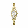The Guess GW0682L2 is shown face-on, highlighting its 23mm gold-tone case and silver sunray dial. Crystal embellishments around the bezel add a subtle, sparkling finish.