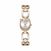 The Guess Gia Logo GW0683L3 is shown face-on, highlighting its 22mm G-shaped crystal bezel and silver sunray dial. The rose gold-tone finish and crystal detailing create a glamorous, logo-driven design.