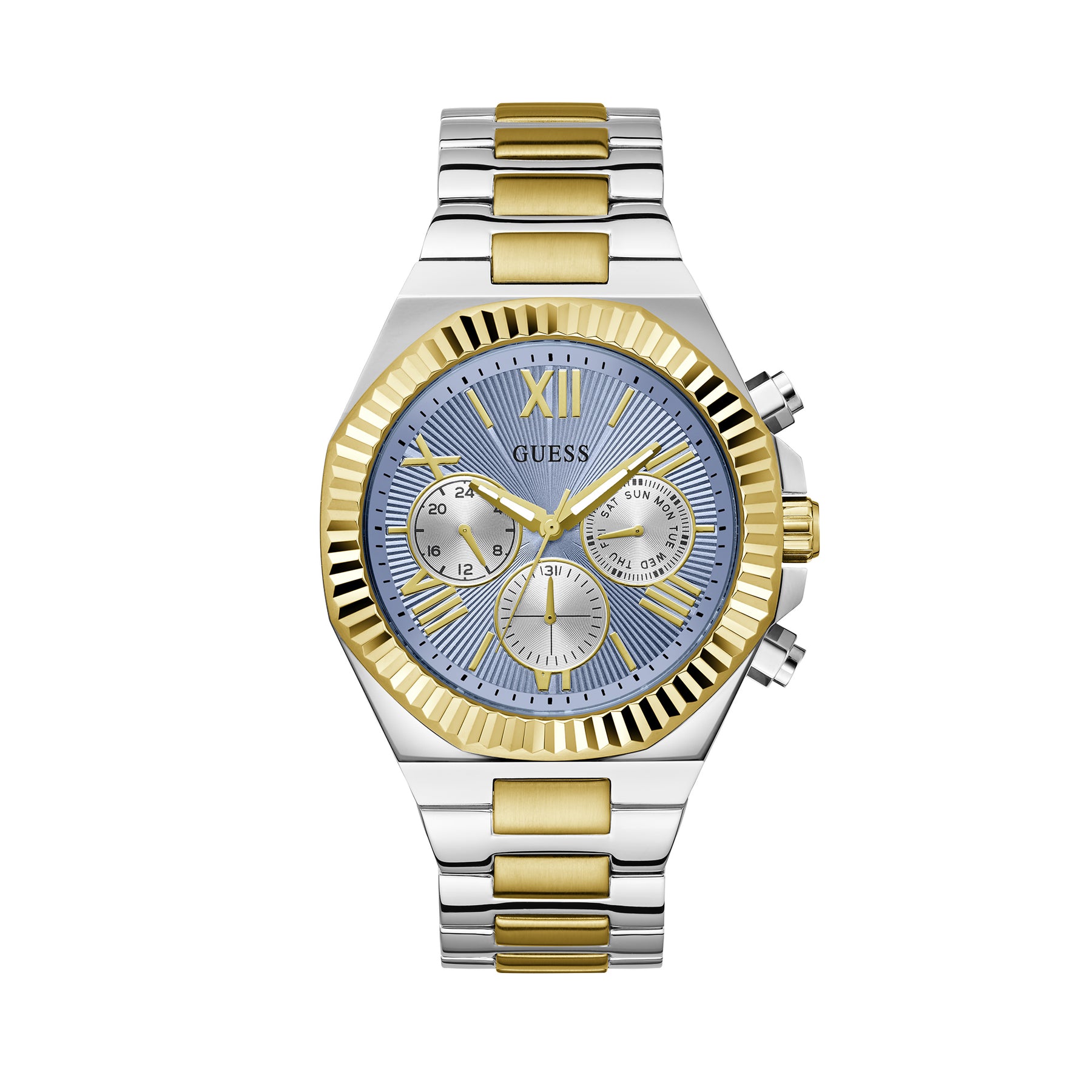 Guess Men's 44mm Silver and Gold Equity Blue Quartz Watch GW0703G3