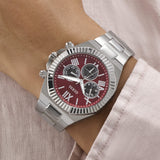 Worn on the wrist, the Guess GW0703G7 makes a bold statement thanks to its oversized 44mm case size. The red multifunction dial and silver-tone bracelet combine for a refined, sporty look.