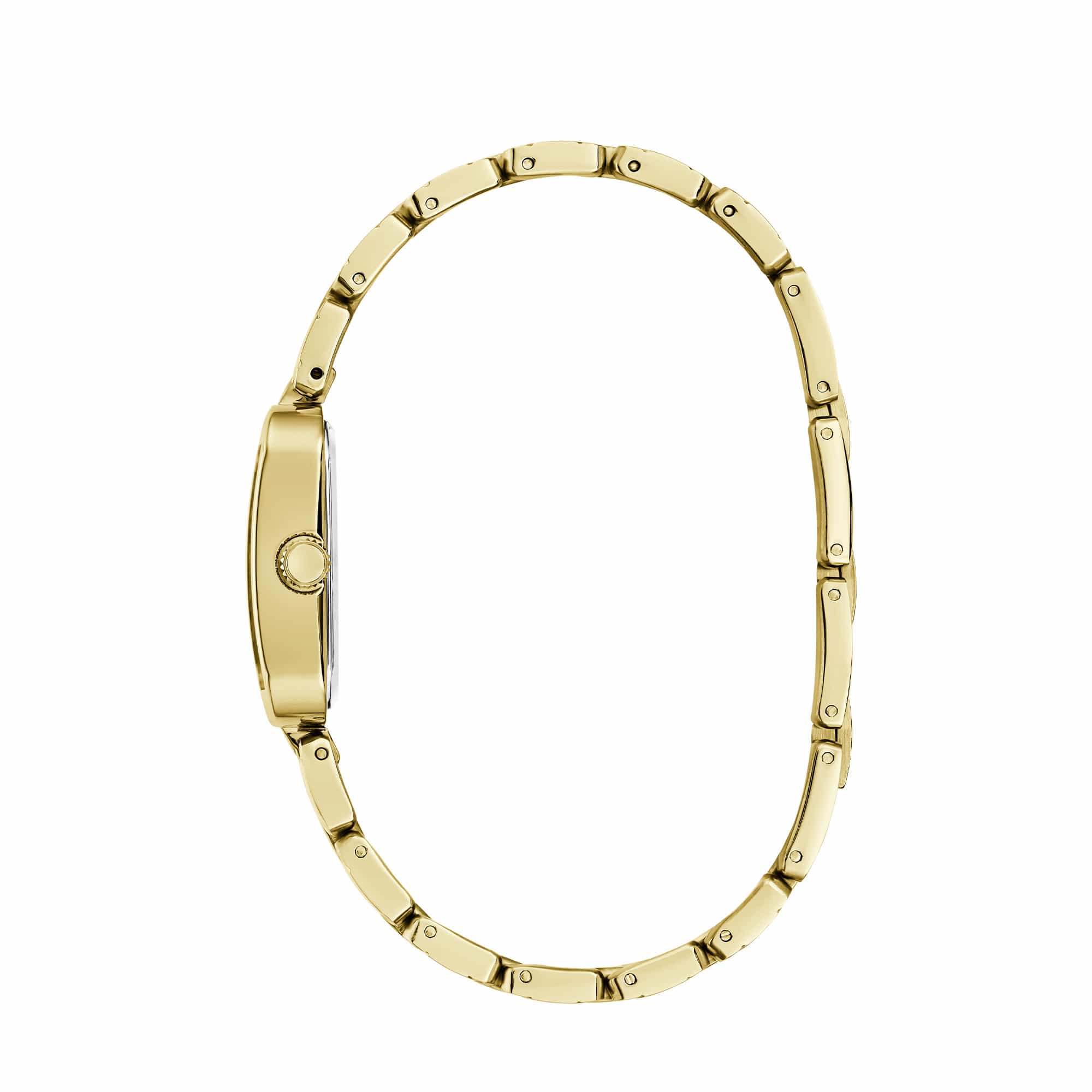 Viewed from the side, the watch reveals the polished depth of its gold-tone rectangular case. The mineral crystal glass sits close to the dial for a refined, low-profile silhouette.