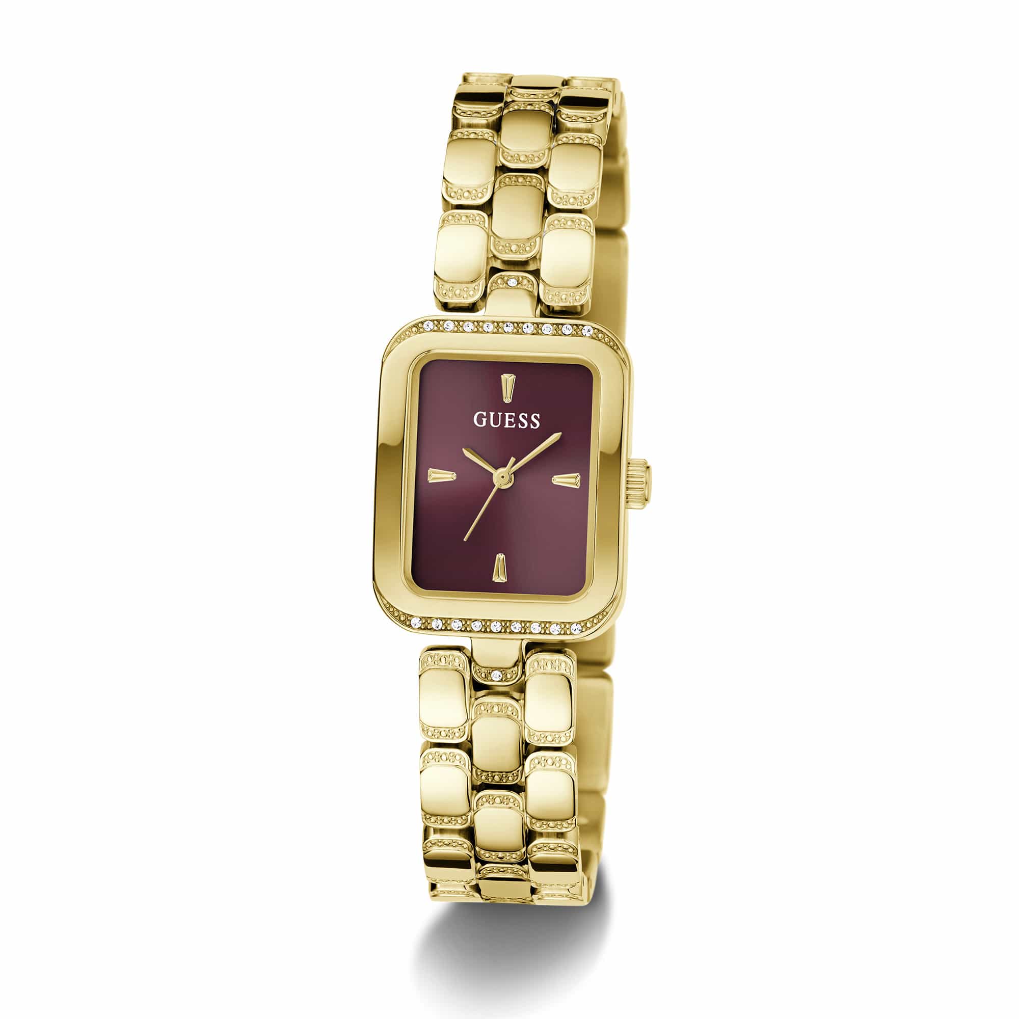 The Guess GW0865L9 is shown face-on, highlighting its 28mm gold-tone rectangular case and sleek burgundy dial. A touch of crystal adorns the case for a subtle, refined sparkle.
