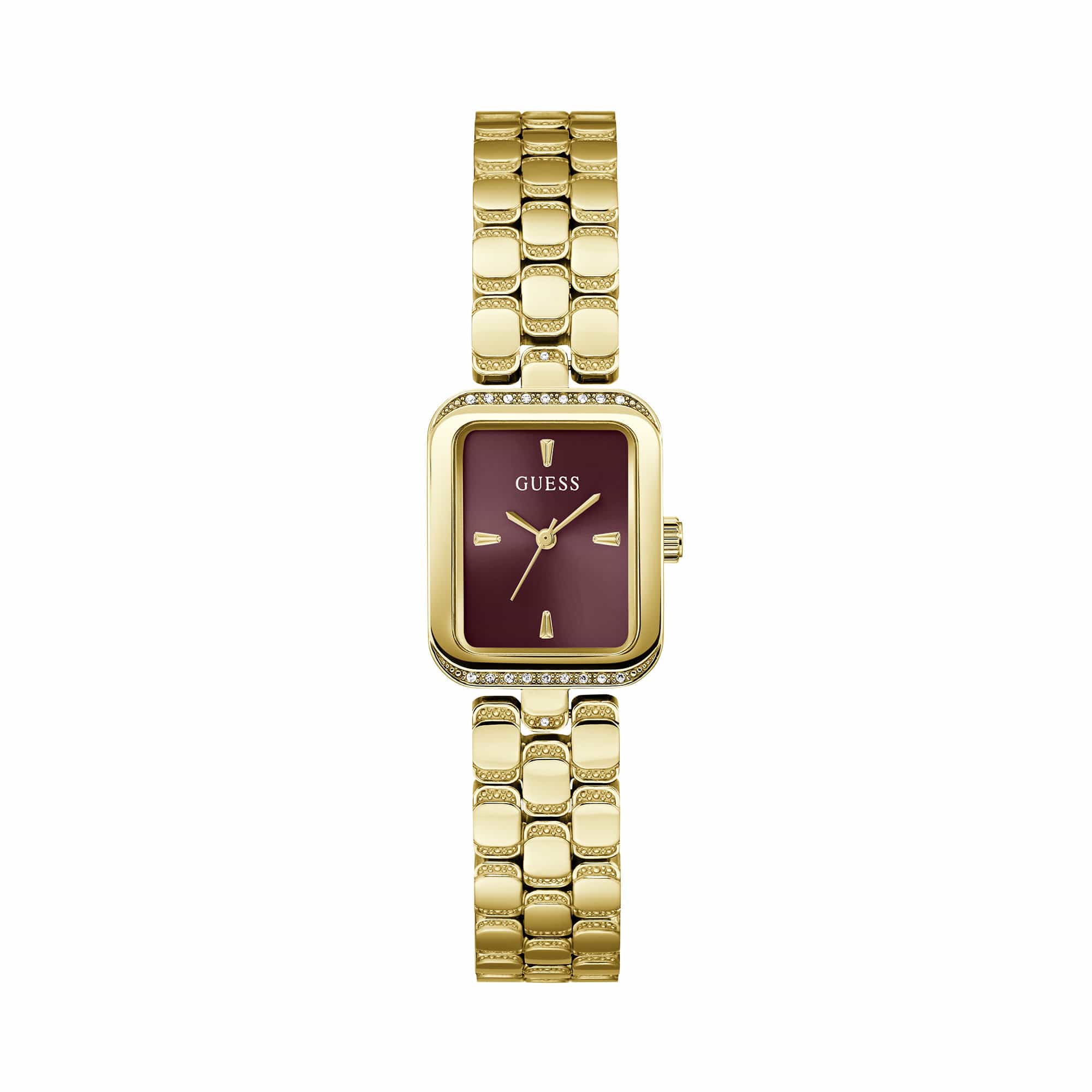 The Guess GW0865L9 is shown face-on, highlighting its 28mm gold-tone rectangular case and sleek burgundy dial. A touch of crystal adorns the case for a subtle, refined sparkle.
