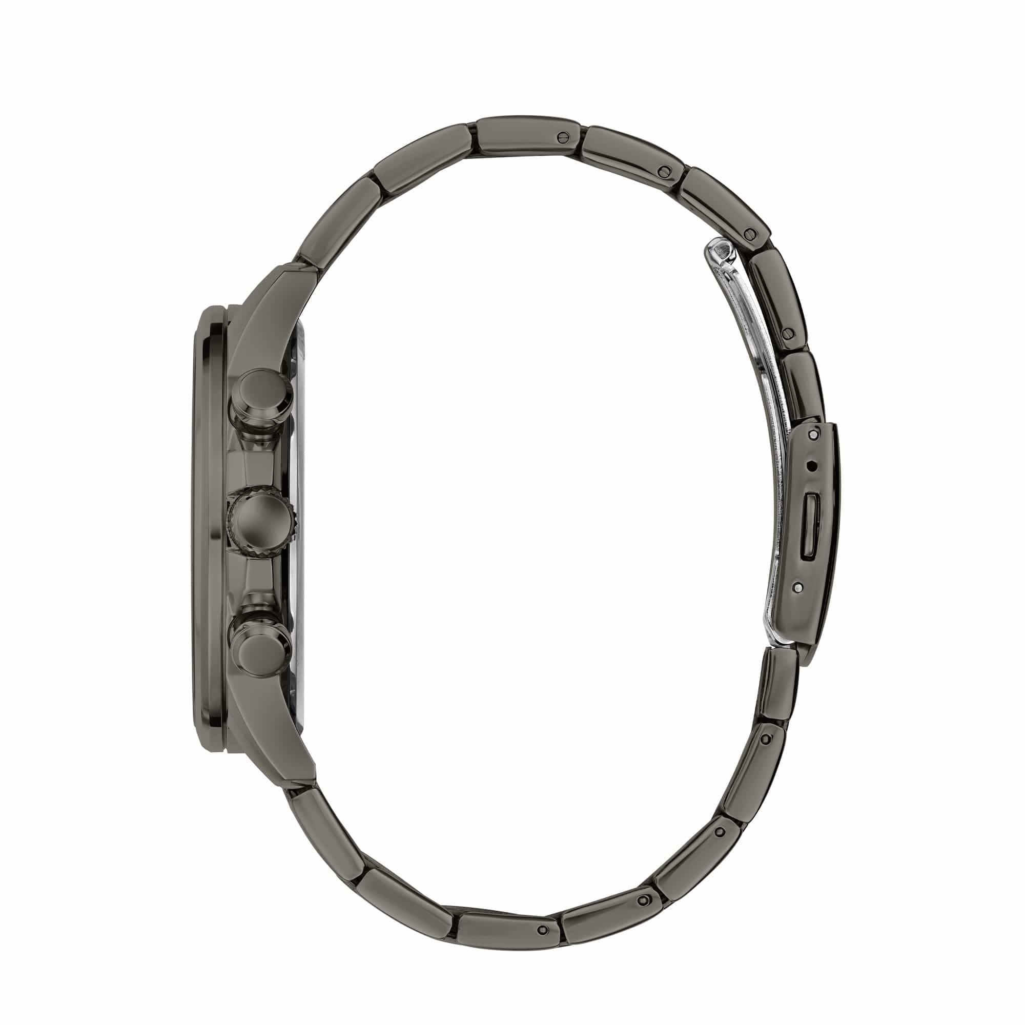 Viewed from the side, the watch reveals the depth of its black PVD case and chronograph pushers. The tachymeter bezel adds texture along the case edge.