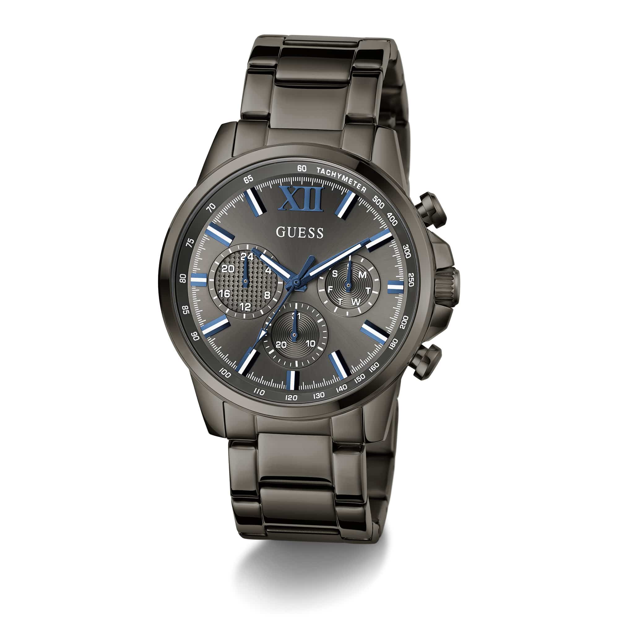 The Guess GW0900G7 is shown face-on, highlighting its 44mm black PVD case and grey chronograph dial. Blue and white accent markers alongside a tachymeter bezel add sporty, functional detail.