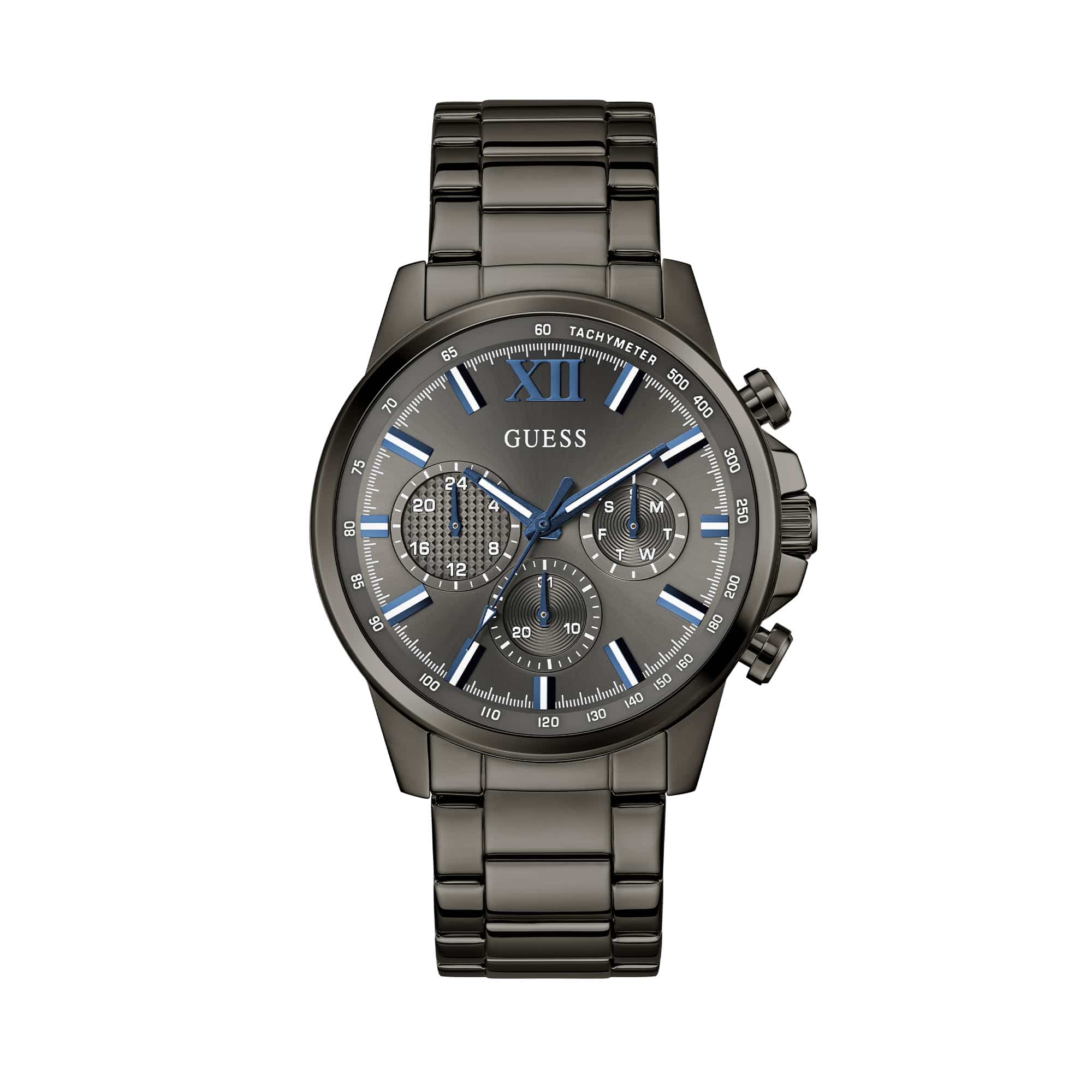 Captured at a three-quarter angle, this view highlights the three chronograph sub-dials alongside the tachymeter scale. The black PVD finish catches the light beautifully from this perspective.