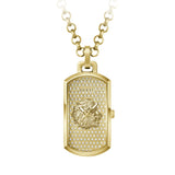 The Guess GW1141G2 is shown face-on, highlighting its 25mm rectangular gold-tone case and glitz-set gold dial. A sculpted GUESS lion’s head sits at the centre of the dial.