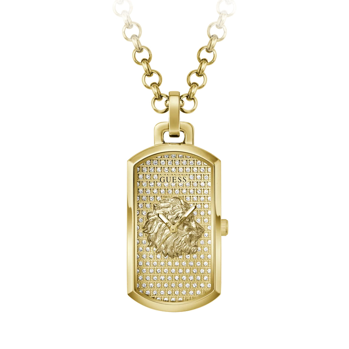 The Guess GW1141G2 is shown face-on, highlighting its 25mm rectangular gold-tone case and glitz-set gold dial. A sculpted GUESS lion’s head sits at the centre of the dial.