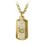 Captured at a three-quarter angle, this view highlights the glitz-set dial and lion’s head detail inside the rectangular case. The polished gold-tone finish catches the light from this perspective.