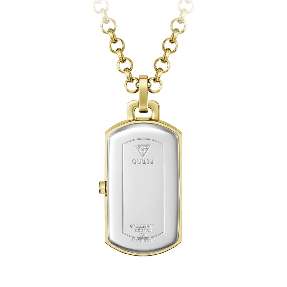 The reverse of the pendant shows the polished gold-tone case back, attached to the substantial linked chain. The gold-tone finish carries through from the case to every link.