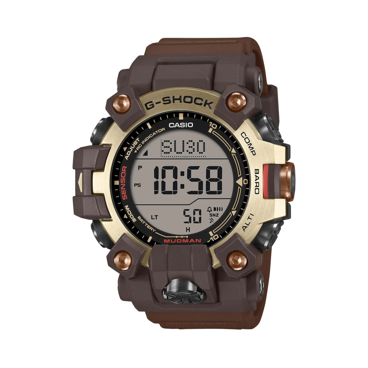Front and side view of the Casio G-SHOCK Solar Men's Watch GW-9500MH-5, 53mm case, in a brown bio-based resin case with a gold ion-plated stainless steel bezel. The rugged, guarded button design and digital display are shown from this angled view.