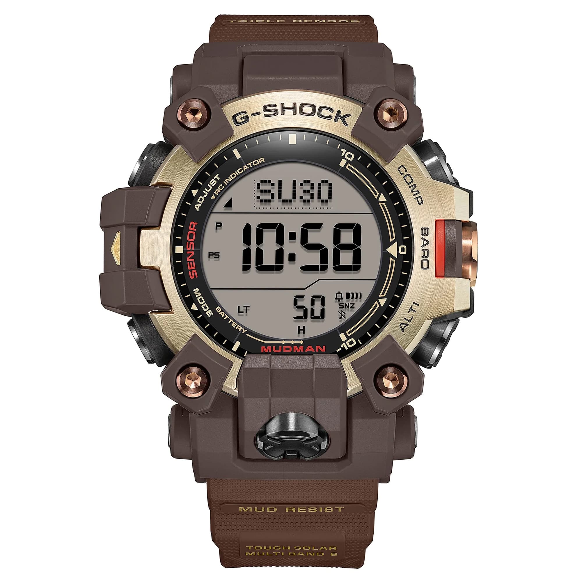 The Casio G-SHOCK Solar Men's Watch GW-9500MH-5, 53mm case, worn on the wrist to show scale and fit. The gold-tone bezel and brown resin band suit both rugged and everyday wear.