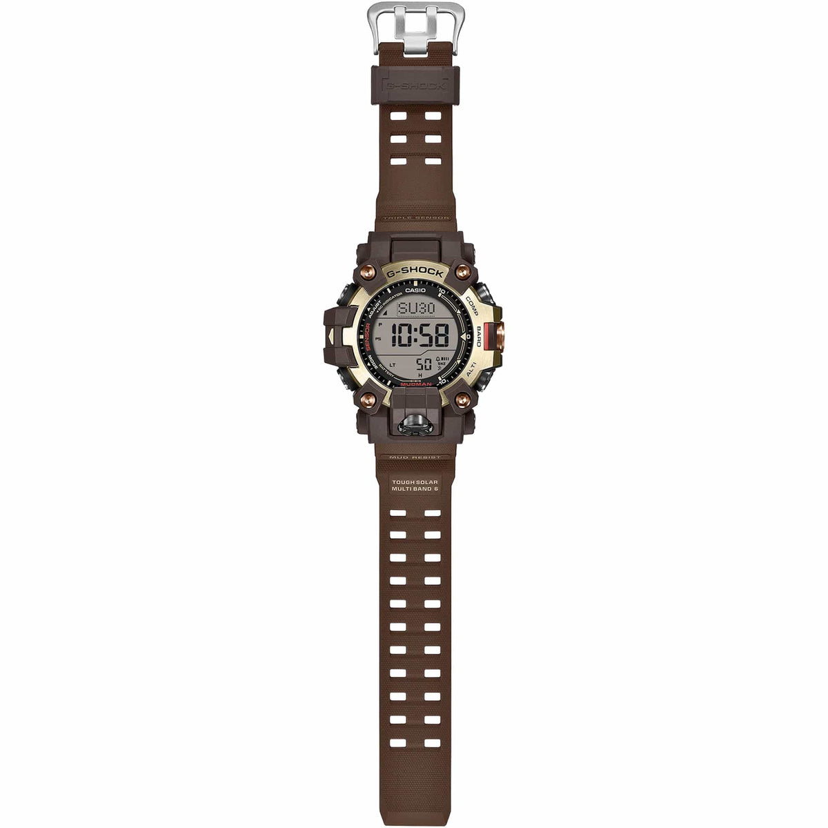 Full band view of the Casio G-SHOCK Solar Men's Watch GW-9500MH-5, 53mm case, showing the brown bio-based resin band in its entirety. The band's durable construction is designed for rugged, everyday use.