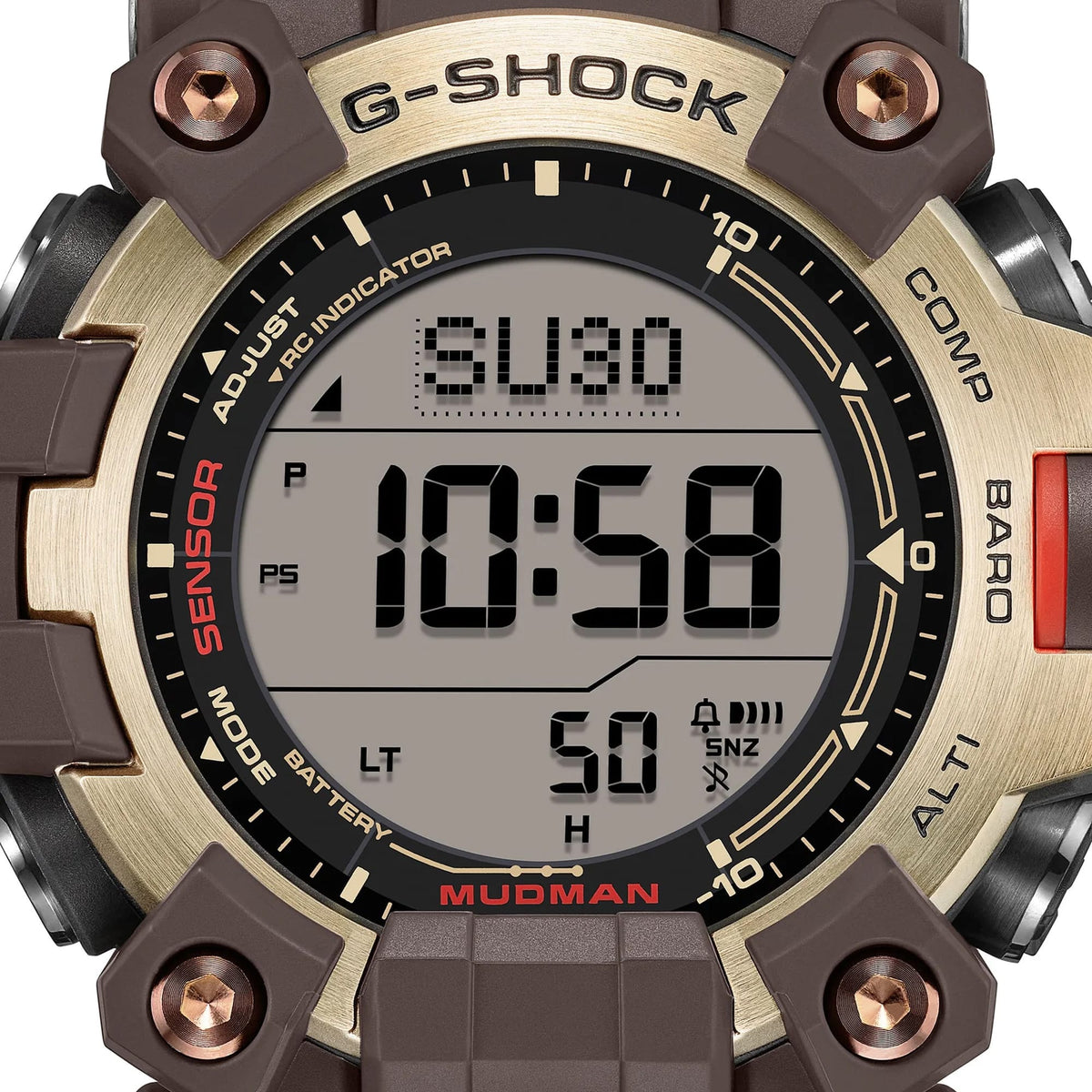 Close-up of the display on the Casio G-SHOCK Solar Men's Watch GW-9500MH-5, 53mm case, showing the duplex LCD screen with digital compass readout. The gold ion-plated bezel and hex screw detailing are also visible.