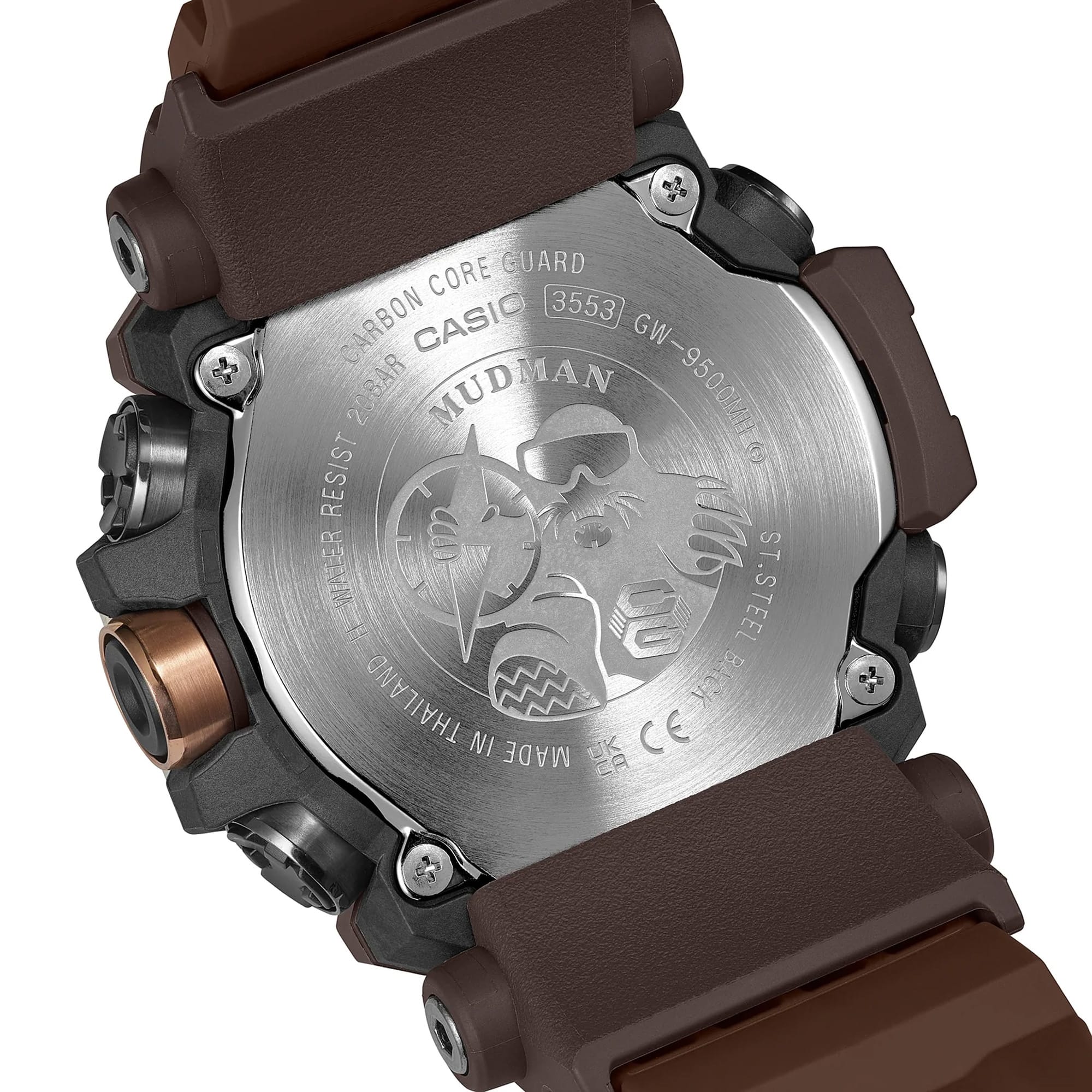 Back of the case on the Casio G-SHOCK Solar Men's Watch GW-9500MH-5, 53mm case, showing the stainless steel caseback and Carbon Core Guard construction. The case's mud and shock-resistant build is visible from this angle.