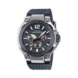 The Casio G-Shock Gravitymaster Solar Men's Watch GWRB3000A-2A features a 47.3mm round case with blue ion-plated bio-based carbon and stainless steel bezel, blue analogue dial with luminous hands and markers, sapphire crystal with anti-reflective coating, and visible shock absorbers — the TOUGH MVT.2 Gravitymaster in blue.