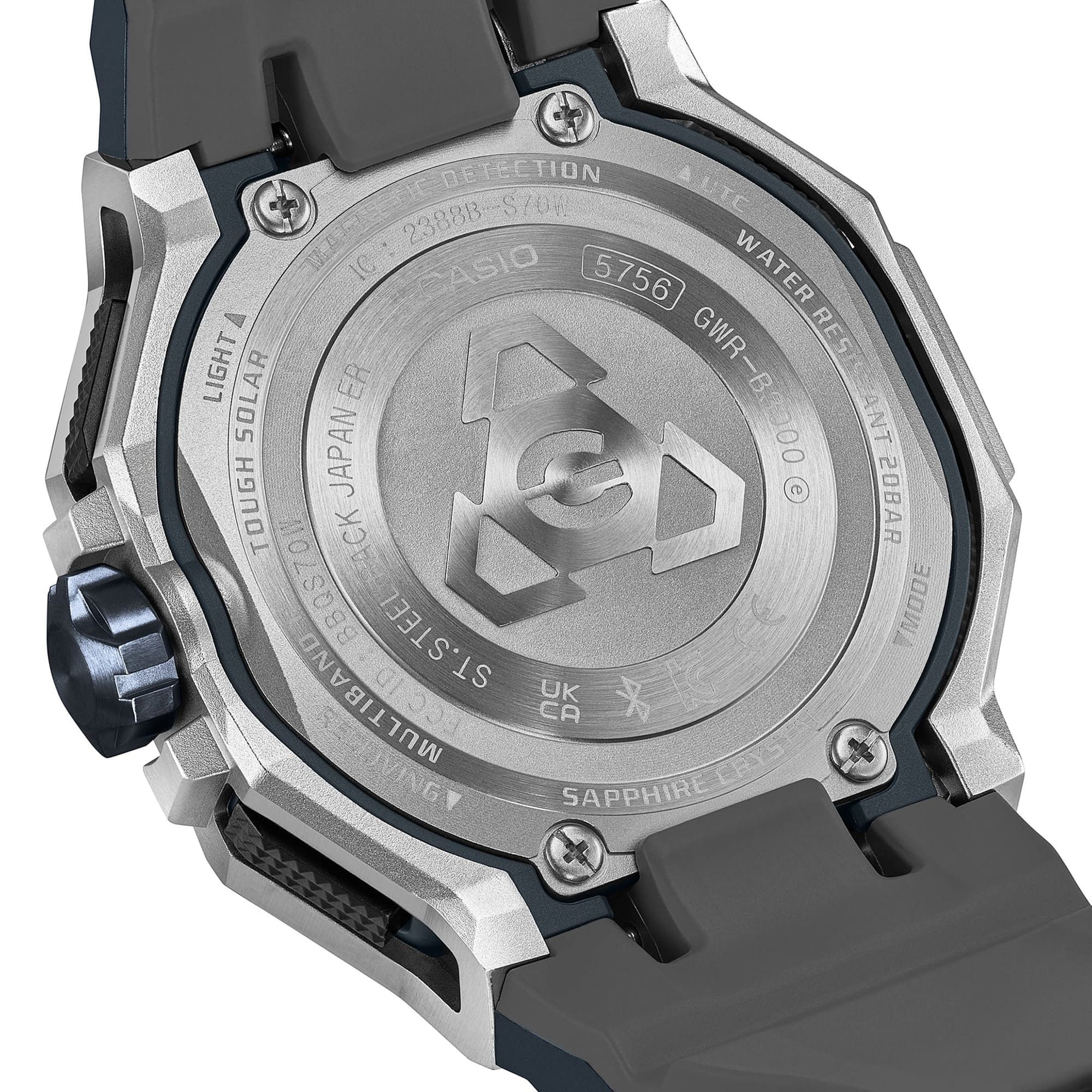 The Casio G-Shock GWRB3000A-2A is fitted with a blue bio-based urethane band with standard buckle clasp, with the case back confirming Triple G Resist shock, centrifugal force, and vibration resistance, Tough Solar charging, and 200-metre water-resistant construction.