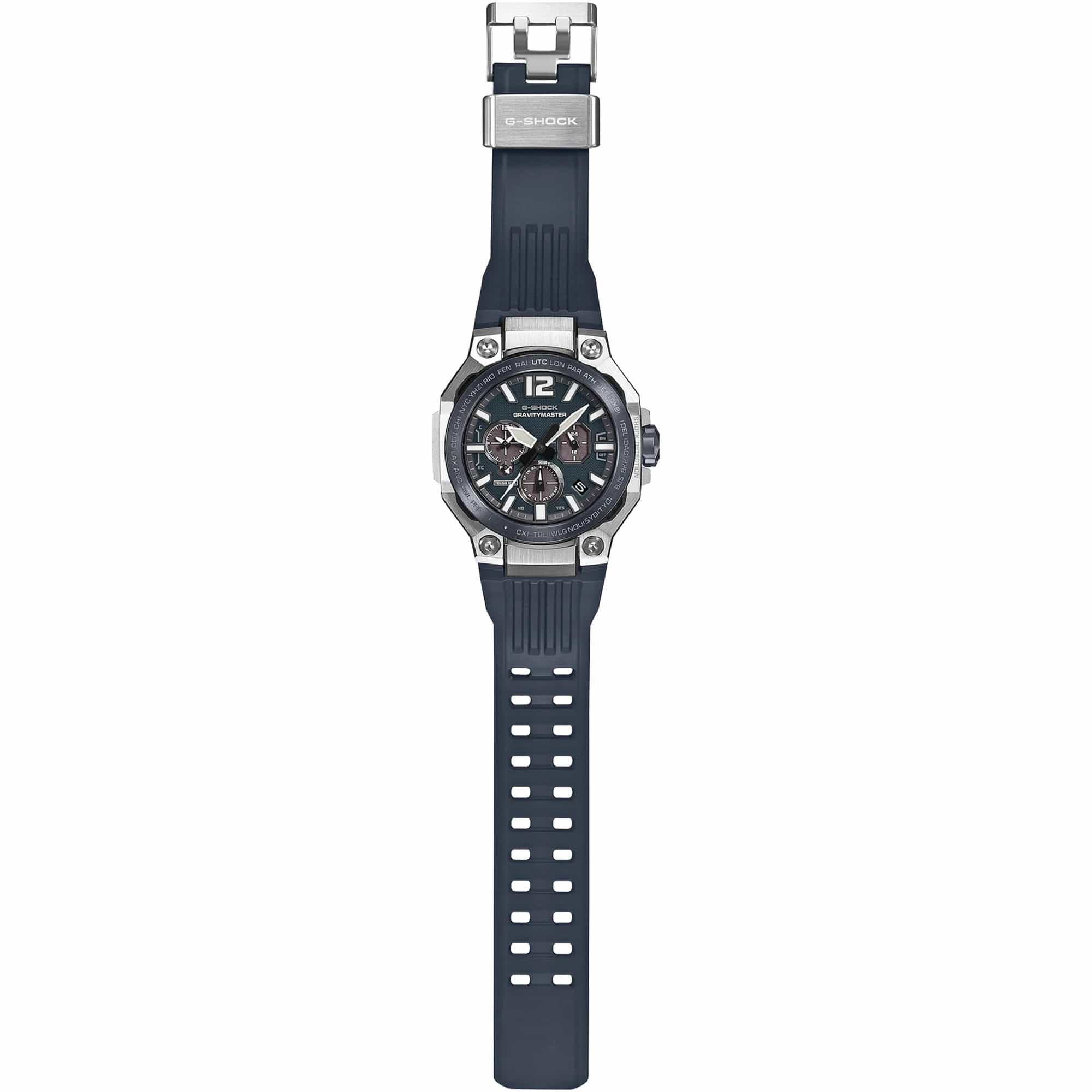 The Casio G-Shock GWRB3000A-2A is fitted with a blue bio-based urethane band with standard buckle clasp, with the case back confirming Triple G Resist shock, centrifugal force, and vibration resistance, Tough Solar charging, and 200-metre water-resistant construction.