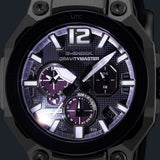 The Casio G-Shock GWRB3000A-2A reveals the blue analogue dial with luminous hands and markers, anti-reflective sapphire crystal surface, and the fine detail of the blue ion-plated bio-based carbon and stainless steel bezel in close detail.