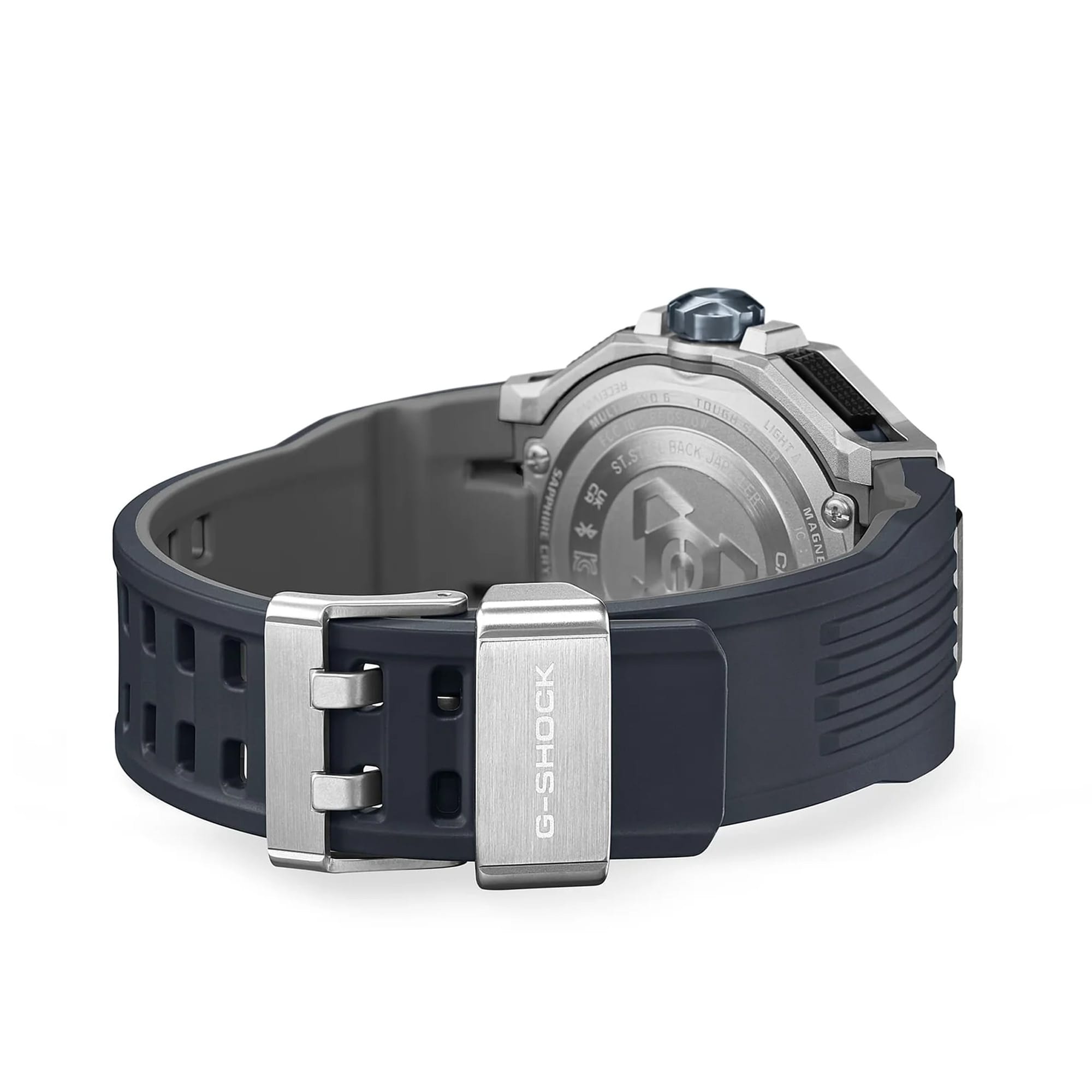 The Casio G-Shock GWRB3000A-2A is fitted with a blue bio-based urethane band with standard buckle clasp, with the case back confirming Triple G Resist shock, centrifugal force, and vibration resistance, Tough Solar charging, and 200-metre water-resistant construction.