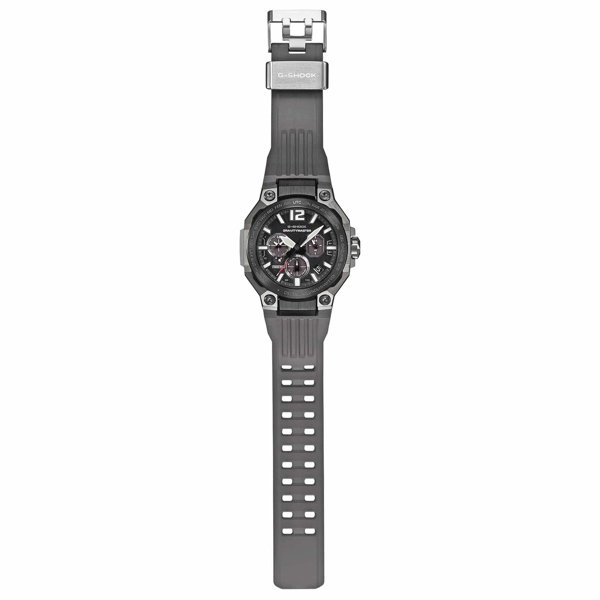 The Casio G-Shock GWRB3000B-8A is fitted with a grey bio-based urethane band with black contrasting underside and standard buckle clasp, with the case back confirming Triple G Resist shock, centrifugal force, and vibration resistance, Tough Solar charging, and 200-metre water-resistant construction.