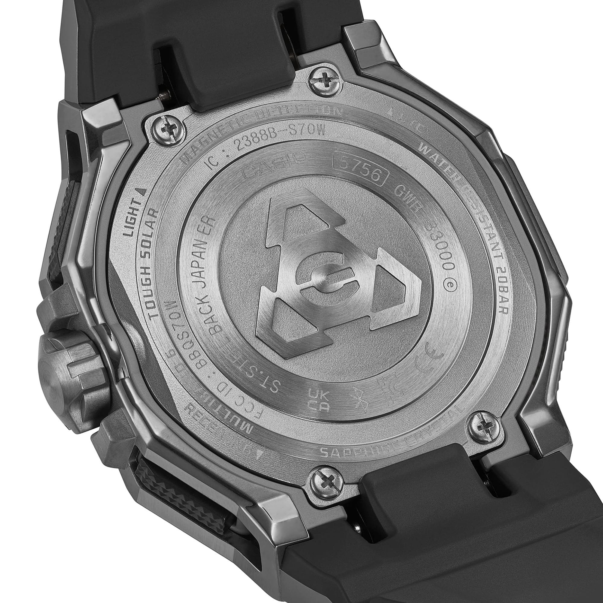 The Casio G-Shock GWRB3000B-8A is fitted with a grey bio-based urethane band with black contrasting underside and standard buckle clasp, with the case back confirming Triple G Resist shock, centrifugal force, and vibration resistance, Tough Solar charging, and 200-metre water-resistant construction.