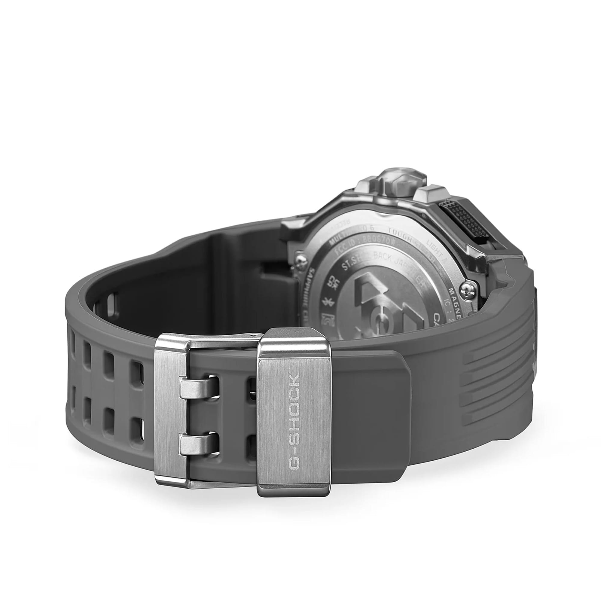 The Casio G-Shock GWRB3000B-8A is fitted with a grey bio-based urethane band with black contrasting underside and standard buckle clasp, with the case back confirming Triple G Resist shock, centrifugal force, and vibration resistance, Tough Solar charging, and 200-metre water-resistant construction.