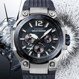 The Casio G-Shock GWRB3000B-8A reveals the grey analogue dial with luminous hands and markers, anti-reflective sapphire crystal surface, and the fine detail of the grey ion-plated bio-based carbon and stainless steel bezel in close detail.