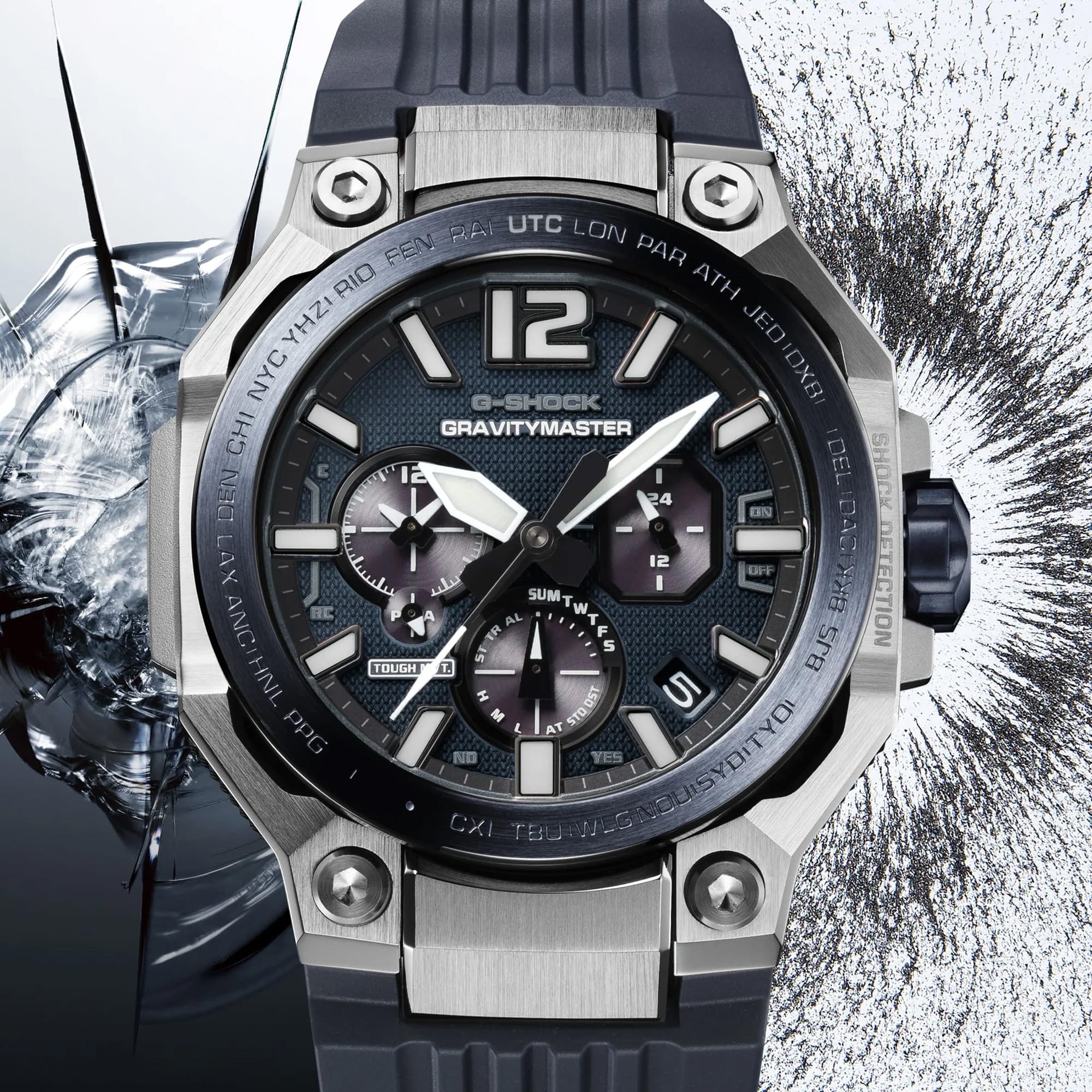 The Casio G-Shock GWRB3000B-8A reveals the grey analogue dial with luminous hands and markers, anti-reflective sapphire crystal surface, and the fine detail of the grey ion-plated bio-based carbon and stainless steel bezel in close detail.