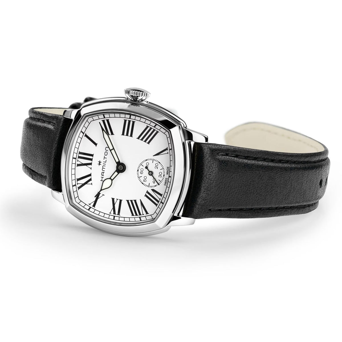 Hamilton American Classic Cushion Mechanical Women’s 30mm Watch H36109710 is shown from the side, displaying the slim cushion-shaped steel case and crown. The black leather strap extends from the lugs beneath the sapphire crystal.