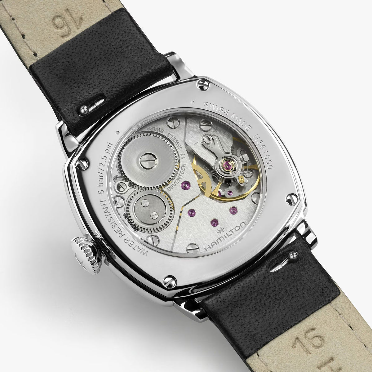 Hamilton American Classic Cushion Mechanical Women’s 30mm Watch H36109710 features an exhibition case back that reveals the H-42 hand-wound movement. The see-through back shows the mechanical detail behind the 57-hour power reserve.