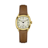 Hamilton American Classic Cushion Mechanical Women’s 30mm Watch H36119520 shows a beige dial with a cushion-shaped yellow gold PVD case. The clean dial and luminous hands give it a refined vintage look.