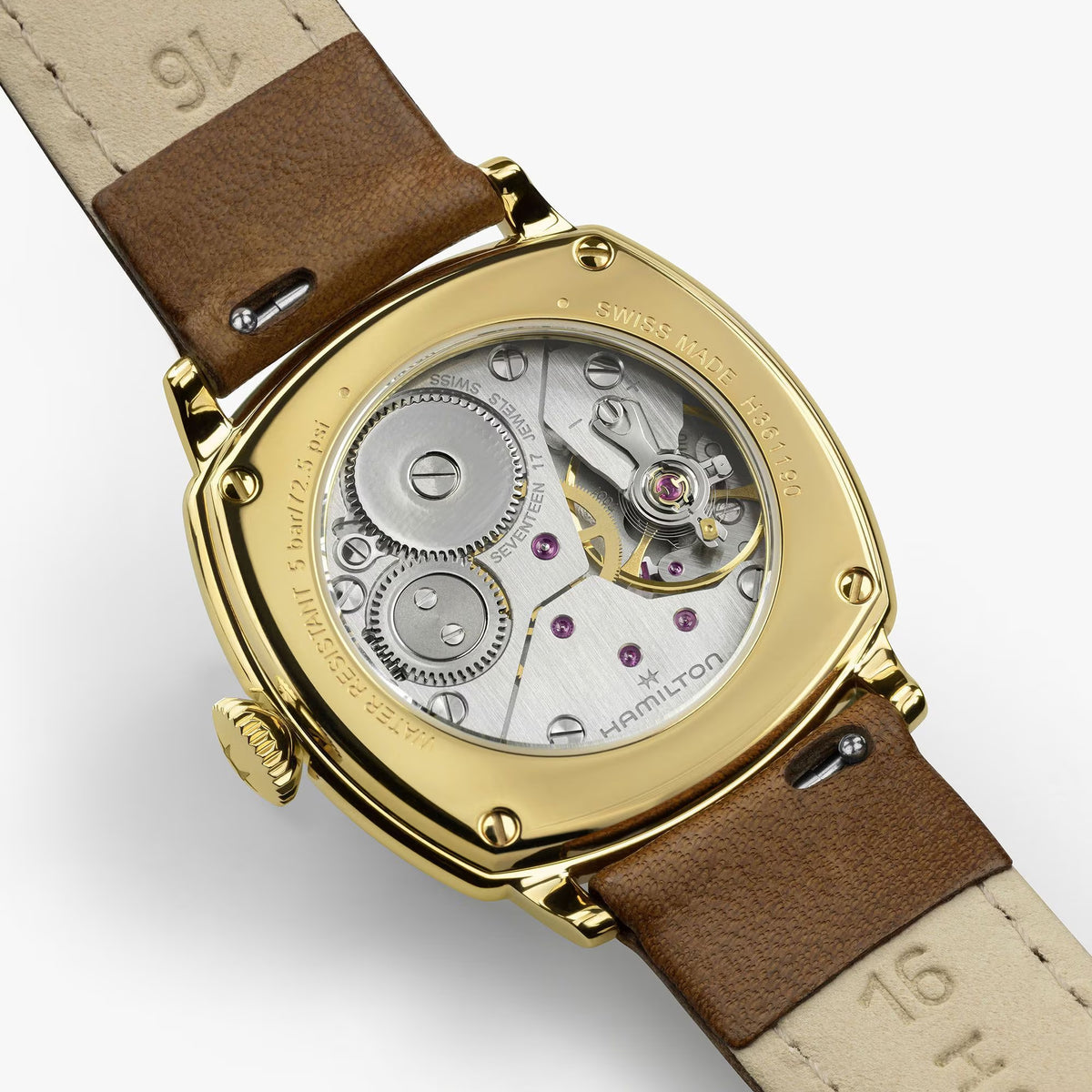 Hamilton American Classic Cushion Mechanical Women’s 30mm Watch H36119520 features an exhibition case back that reveals the H-42 hand-wound movement. The see-through back shows the mechanical detail inside the case.