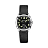 Hamilton American Classic Cushion Mechanical Unisex 34mm Watch H36129730 shows a black dial with square-style numerals, a railway minute track and a small seconds sub-dial at 6 o’clock. The cushion-shaped steel case contrasts with the dark dial for a bold vintage look.