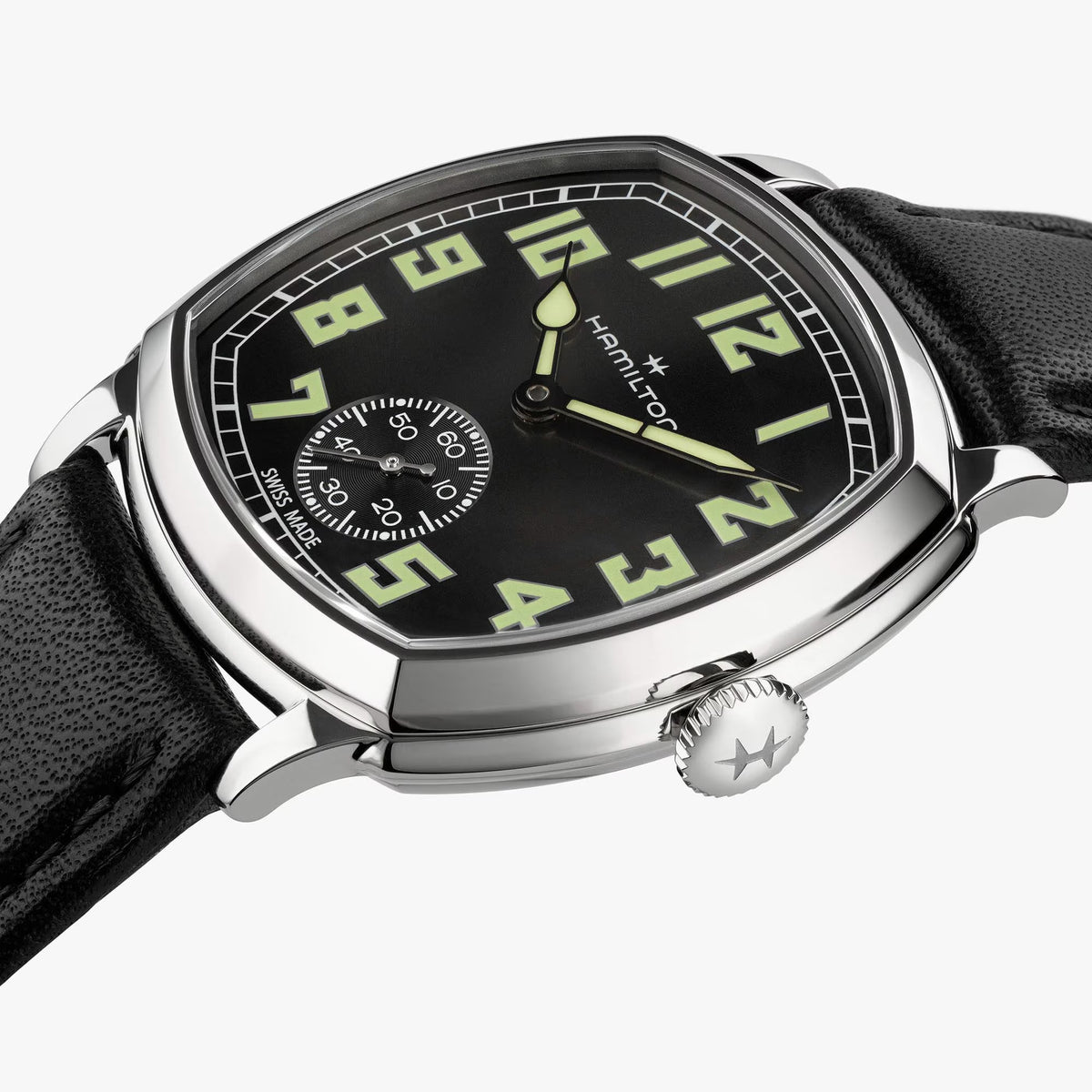 Hamilton American Classic Cushion Mechanical Unisex 34mm Watch H36129730 is shown from the side, displaying the slim cushion-shaped steel case and crown. The black leather strap extends from the lugs beneath the sapphire crystal.