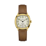 Hamilton American Classic Cushion Mechanical Unisex 34mm Watch H36139520 shows a beige dial with stylised Arabic numerals, a railway minute track and a small seconds sub-dial at 6 o’clock. The cushion-shaped yellow gold PVD case gives it a warm vintage look.