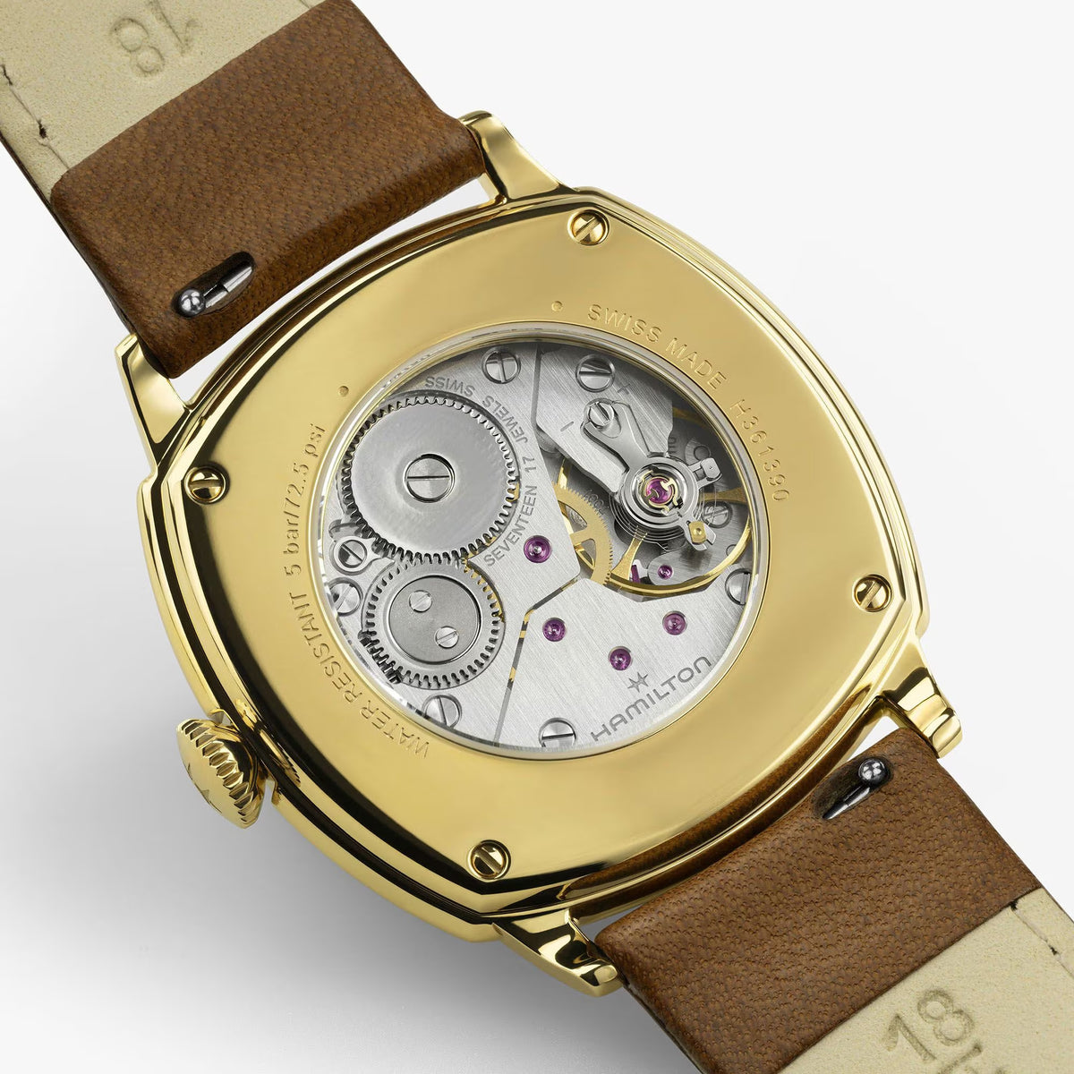 Hamilton American Classic Cushion Mechanical Unisex 34mm Watch H36139520 features an exhibition case back that reveals the H-42 hand-wound movement. The see-through back shows the mechanical detail behind the 57-hour power reserve.